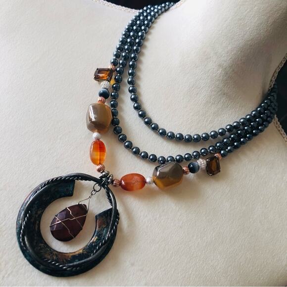 Hand Crafted Jewelry - Handcrafted repurpose medieval look gem Czech glass Pearl toggle clasp necklace